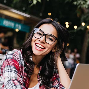 Female avatar glasses smiling girl with laptop